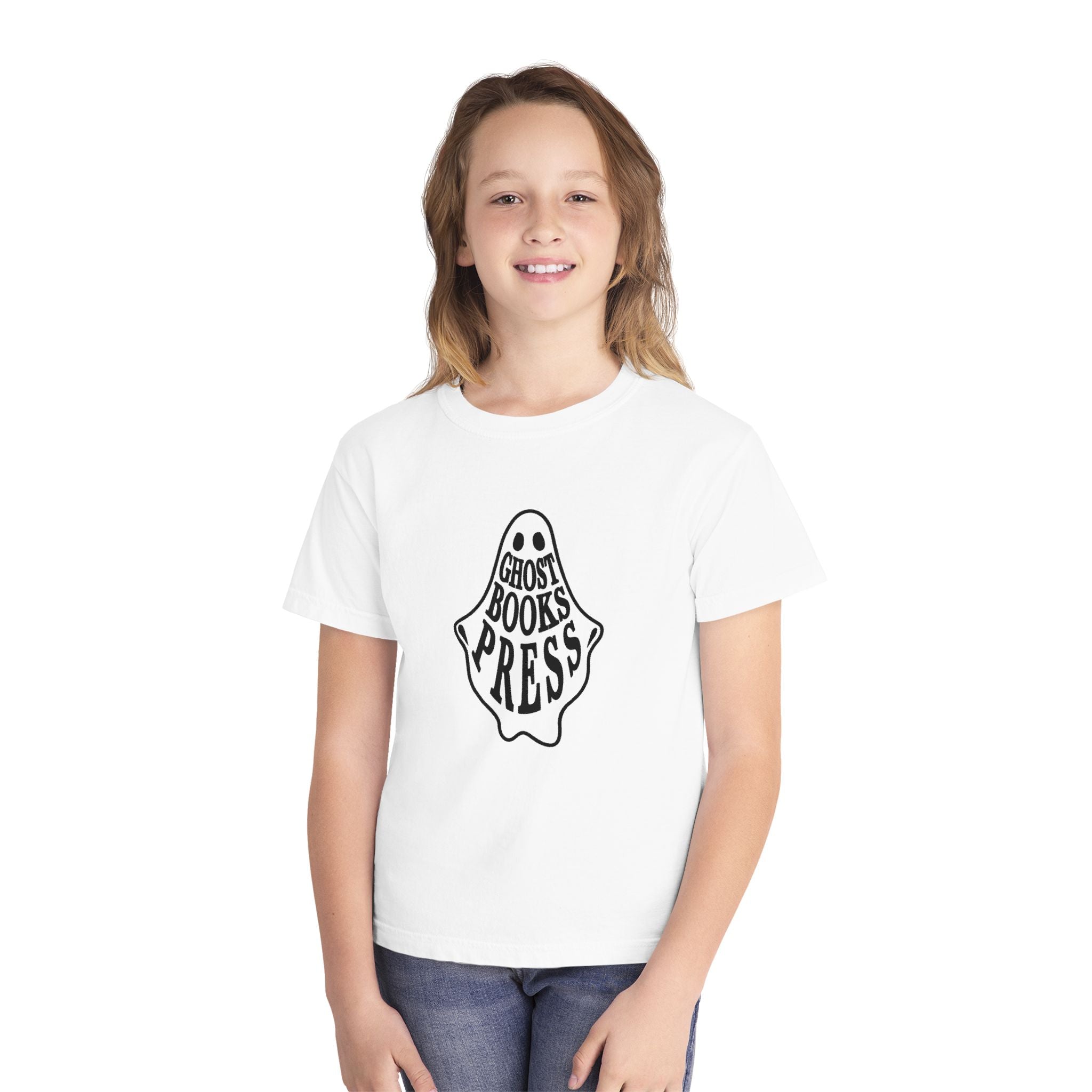 Youth Tee — 'Ghost Books Press' Ghost Logo Kids T-Shirt, Cute Spooky Reading Shirt for Halloween & Book Lovers