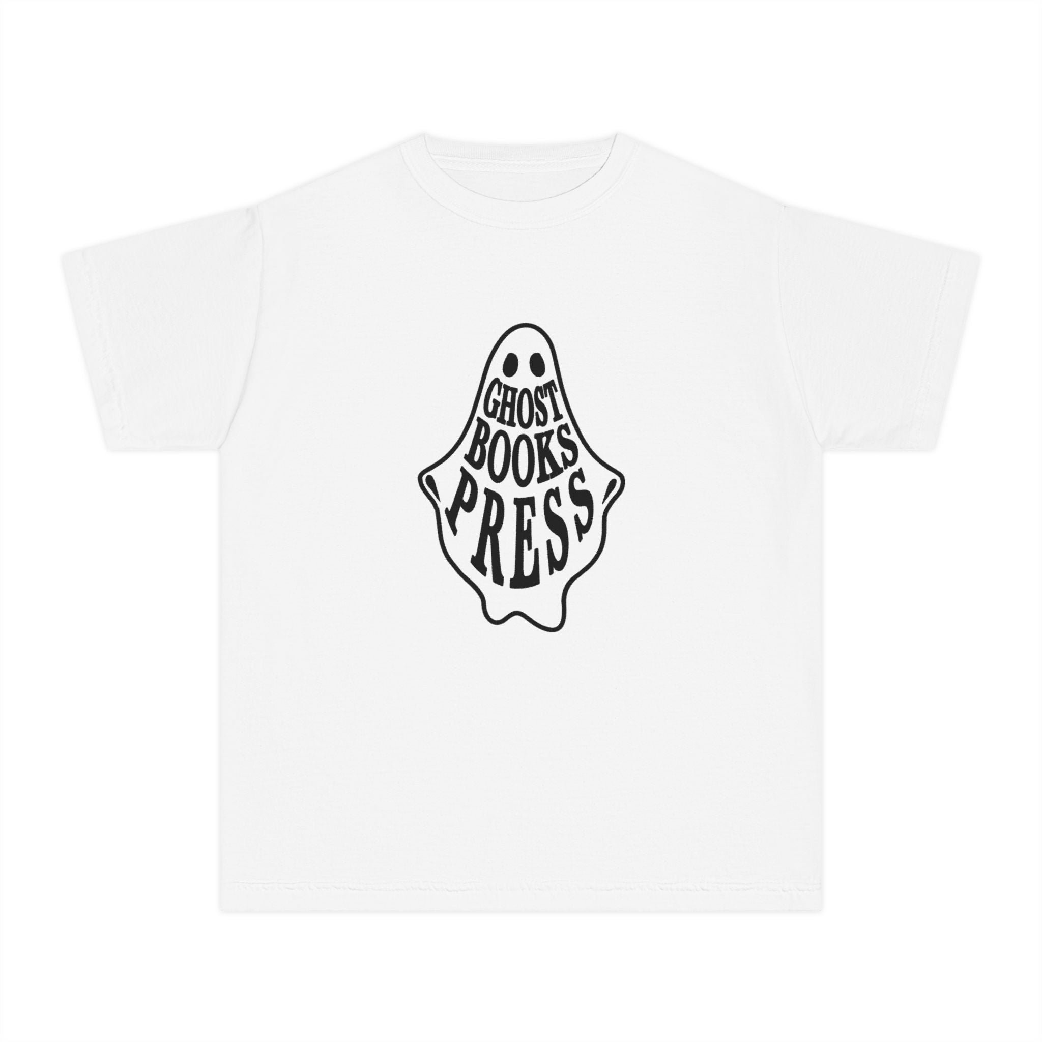 Youth Tee — 'Ghost Books Press' Ghost Logo Kids T-Shirt, Cute Spooky Reading Shirt for Halloween & Book Lovers