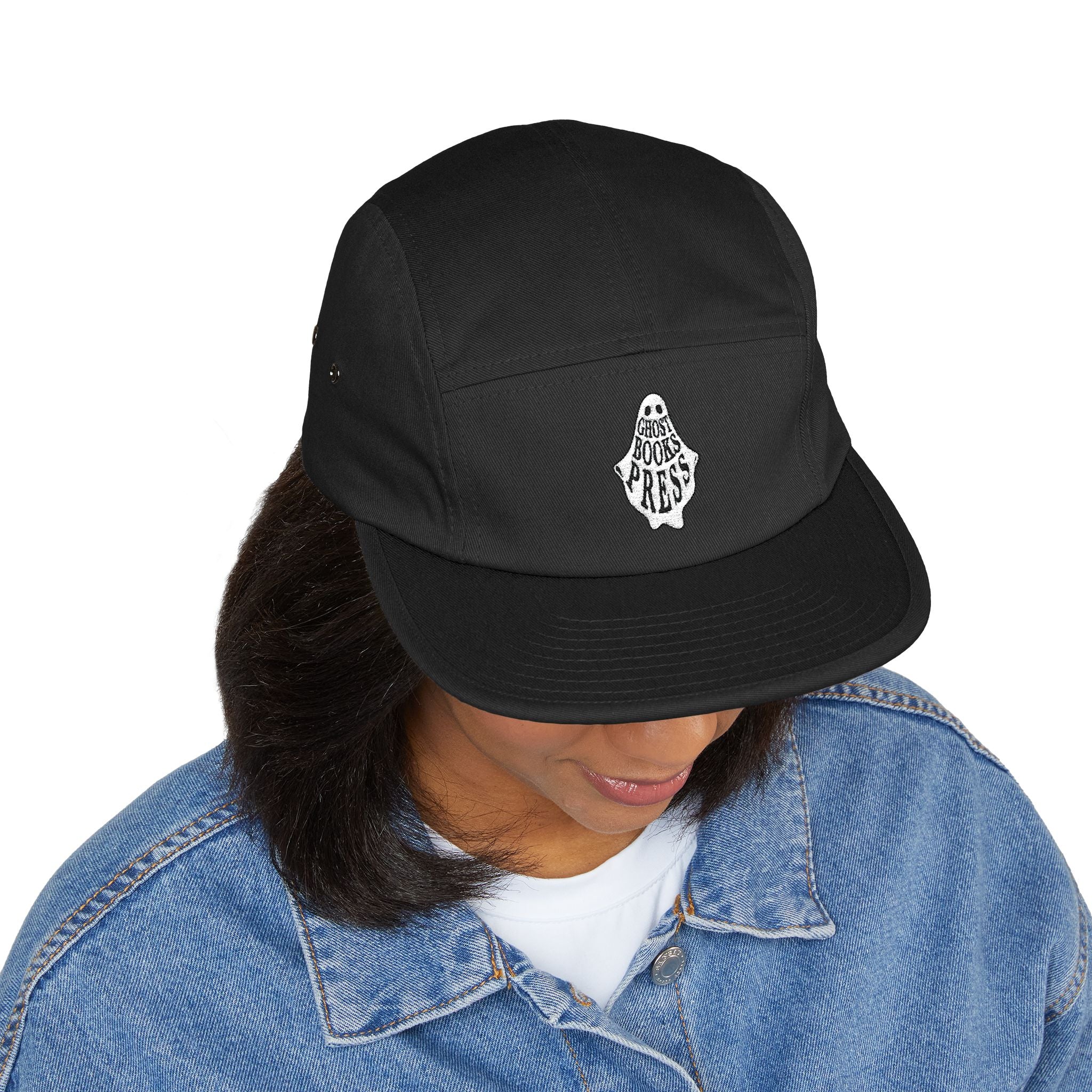 Embroidered Ghost Patch 5-Panel Cap — Minimal Skate/Streetwear Hat